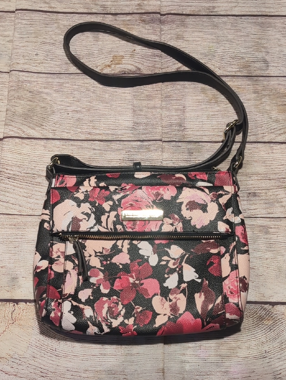 Liz Clairborne Black With Pink Floral Adjustable Strap Zipper Pockets Crossbody